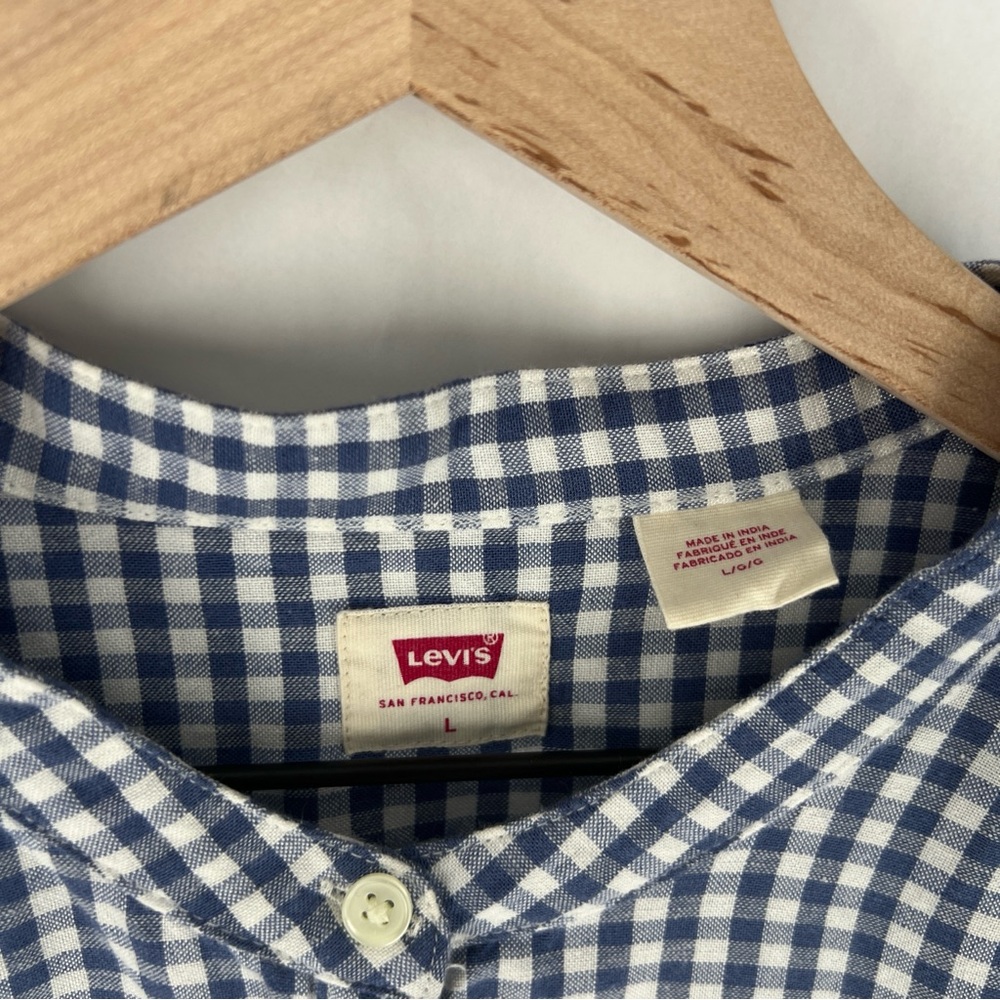 Levi's Blue Gingham Checkered Boxy Cap Sleeve Mandarin Collar Top Size L - Picture 3 of 11